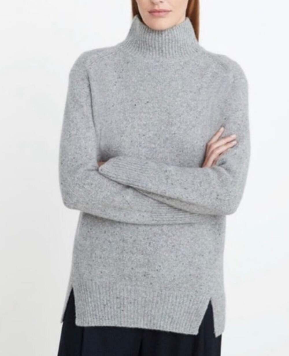 Vince XS Donegal Mock Neck Split Side 100% Cashmere Gray Sweater Minimalist EUC